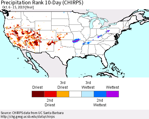 United States Precipitation Rank since 1981, 10-Day (CHIRPS) Thematic Map For 10/6/2019 - 10/15/2019