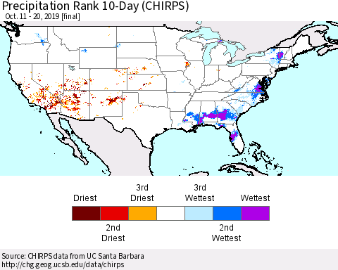 United States Precipitation Rank 10-Day (CHIRPS) Thematic Map For 10/11/2019 - 10/20/2019