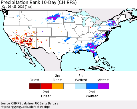 United States Precipitation Rank since 1981, 10-Day (CHIRPS) Thematic Map For 10/16/2019 - 10/25/2019