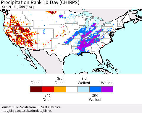 United States Precipitation Rank since 1981, 10-Day (CHIRPS) Thematic Map For 10/21/2019 - 10/31/2019
