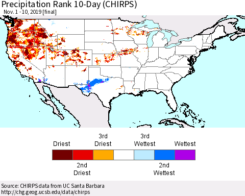 United States Precipitation Rank since 1981, 10-Day (CHIRPS) Thematic Map For 11/1/2019 - 11/10/2019