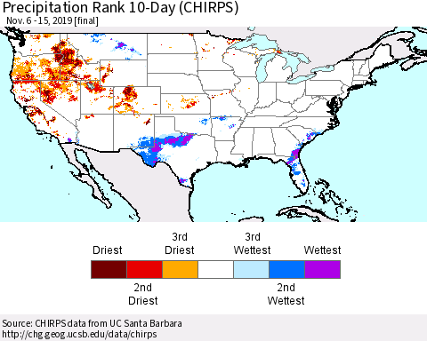 United States Precipitation Rank 10-Day (CHIRPS) Thematic Map For 11/6/2019 - 11/15/2019