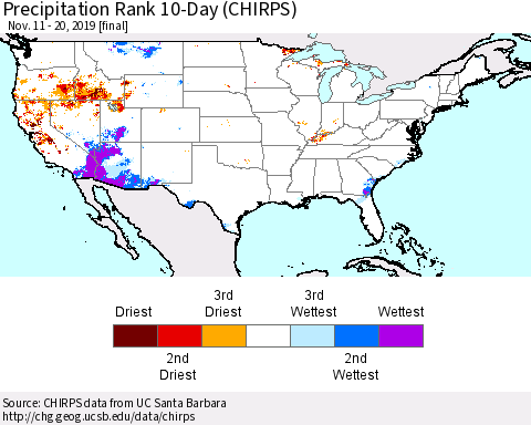 United States Precipitation Rank 10-Day (CHIRPS) Thematic Map For 11/11/2019 - 11/20/2019