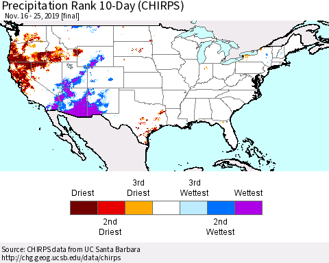 United States Precipitation Rank since 1981, 10-Day (CHIRPS) Thematic Map For 11/16/2019 - 11/25/2019
