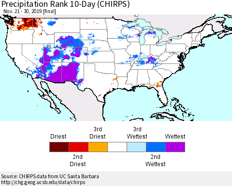 United States Precipitation Rank 10-Day (CHIRPS) Thematic Map For 11/21/2019 - 11/30/2019
