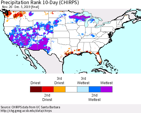 United States Precipitation Rank since 1981, 10-Day (CHIRPS) Thematic Map For 11/26/2019 - 12/5/2019