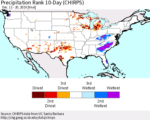 United States Precipitation Rank 10-Day (CHIRPS) Thematic Map For 12/11/2019 - 12/20/2019