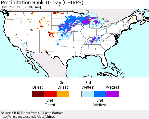 United States Precipitation Rank 10-Day (CHIRPS) Thematic Map For 12/26/2019 - 1/5/2020