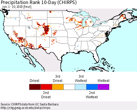United States Precipitation Rank 10-Day (CHIRPS) Thematic Map For 1/1/2020 - 1/10/2020