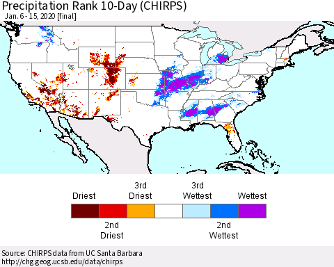 United States Precipitation Rank 10-Day (CHIRPS) Thematic Map For 1/6/2020 - 1/15/2020