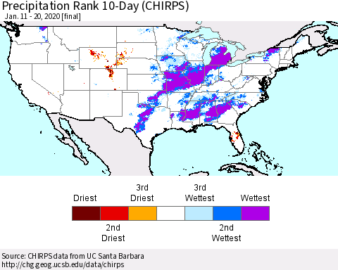 United States Precipitation Rank 10-Day (CHIRPS) Thematic Map For 1/11/2020 - 1/20/2020