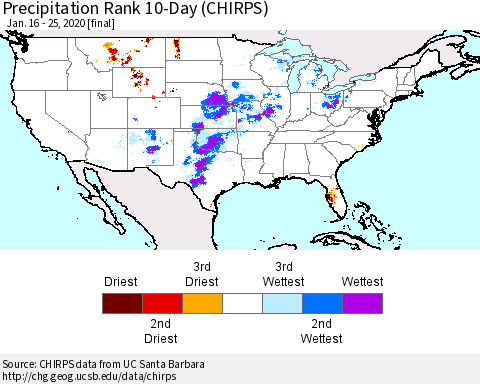 United States Precipitation Rank since 1981, 10-Day (CHIRPS) Thematic Map For 1/16/2020 - 1/25/2020