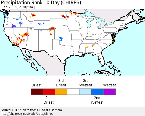 United States Precipitation Rank 10-Day (CHIRPS) Thematic Map For 1/21/2020 - 1/31/2020