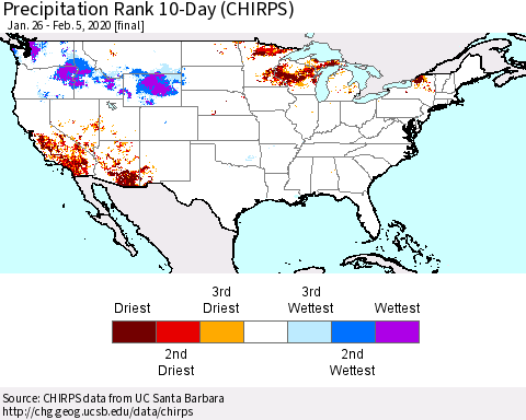 United States Precipitation Rank 10-Day (CHIRPS) Thematic Map For 1/26/2020 - 2/5/2020
