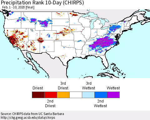 United States Precipitation Rank 10-Day (CHIRPS) Thematic Map For 2/1/2020 - 2/10/2020