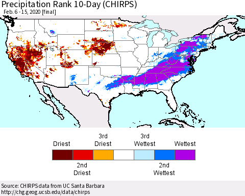 United States Precipitation Rank 10-Day (CHIRPS) Thematic Map For 2/6/2020 - 2/15/2020