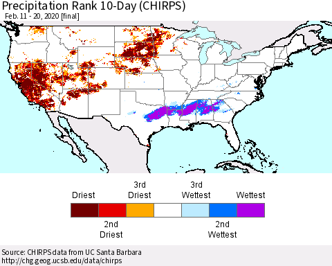 United States Precipitation Rank since 1981, 10-Day (CHIRPS) Thematic Map For 2/11/2020 - 2/20/2020