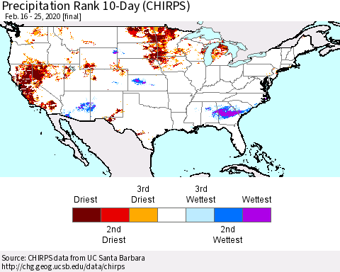 United States Precipitation Rank 10-Day (CHIRPS) Thematic Map For 2/16/2020 - 2/25/2020