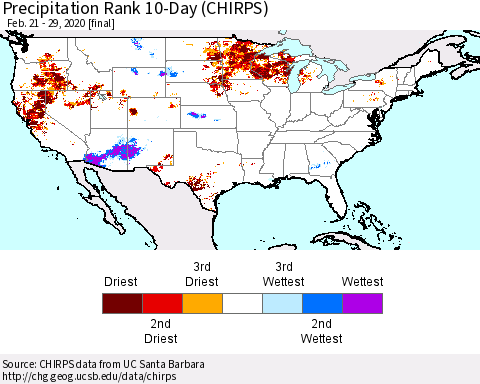 United States Precipitation Rank 10-Day (CHIRPS) Thematic Map For 2/21/2020 - 2/29/2020