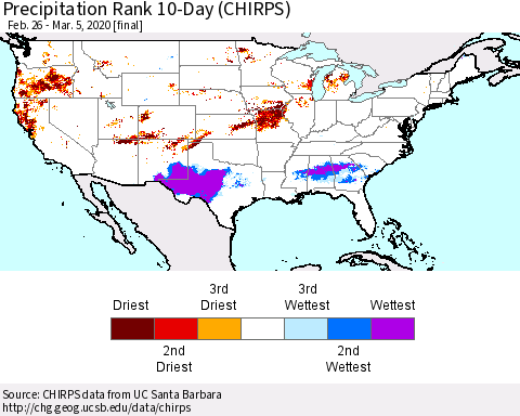 United States Precipitation Rank 10-Day (CHIRPS) Thematic Map For 2/26/2020 - 3/5/2020