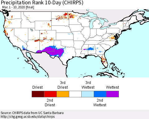 United States Precipitation Rank since 1981, 10-Day (CHIRPS) Thematic Map For 3/1/2020 - 3/10/2020