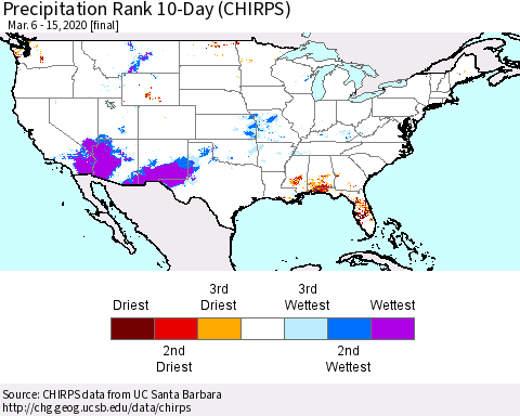 United States Precipitation Rank since 1981, 10-Day (CHIRPS) Thematic Map For 3/6/2020 - 3/15/2020