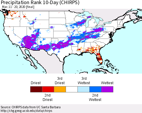 United States Precipitation Rank since 1981, 10-Day (CHIRPS) Thematic Map For 3/11/2020 - 3/20/2020