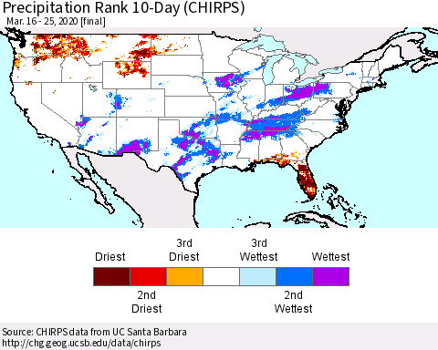 United States Precipitation Rank 10-Day (CHIRPS) Thematic Map For 3/16/2020 - 3/25/2020