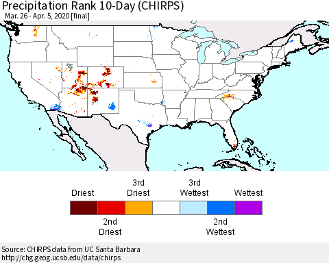 United States Precipitation Rank since 1981, 10-Day (CHIRPS) Thematic Map For 3/26/2020 - 4/5/2020