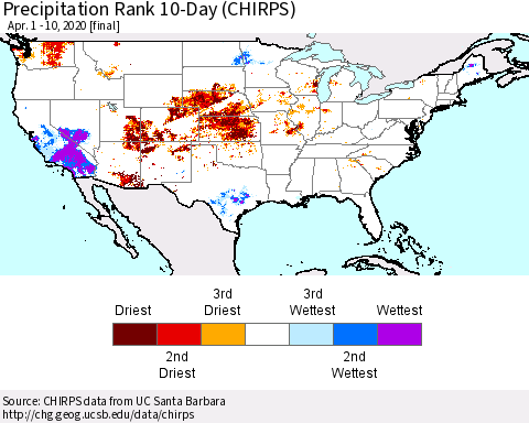 United States Precipitation Rank since 1981, 10-Day (CHIRPS) Thematic Map For 4/1/2020 - 4/10/2020