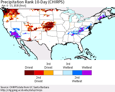 United States Precipitation Rank 10-Day (CHIRPS) Thematic Map For 4/6/2020 - 4/15/2020
