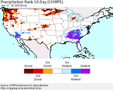 United States Precipitation Rank since 1981, 10-Day (CHIRPS) Thematic Map For 4/11/2020 - 4/20/2020