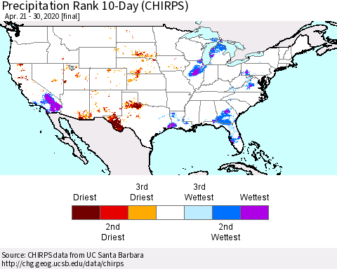 United States Precipitation Rank since 1981, 10-Day (CHIRPS) Thematic Map For 4/21/2020 - 4/30/2020
