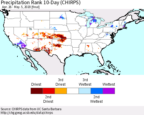 United States Precipitation Rank since 1981, 10-Day (CHIRPS) Thematic Map For 4/26/2020 - 5/5/2020