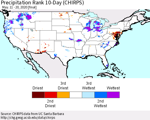 United States Precipitation Rank 10-Day (CHIRPS) Thematic Map For 5/11/2020 - 5/20/2020