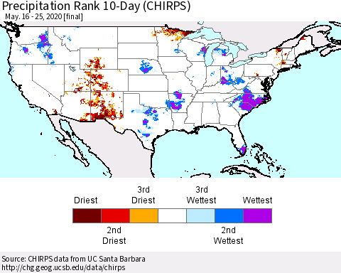 United States Precipitation Rank since 1981, 10-Day (CHIRPS) Thematic Map For 5/16/2020 - 5/25/2020
