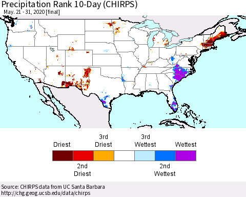 United States Precipitation Rank since 1981, 10-Day (CHIRPS) Thematic Map For 5/21/2020 - 5/31/2020