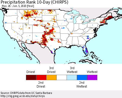 United States Precipitation Rank since 1981, 10-Day (CHIRPS) Thematic Map For 5/26/2020 - 6/5/2020