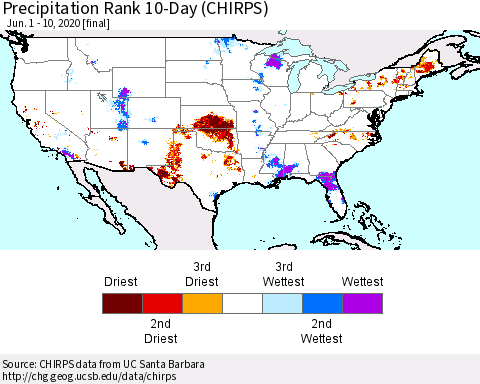 United States Precipitation Rank since 1981, 10-Day (CHIRPS) Thematic Map For 6/1/2020 - 6/10/2020