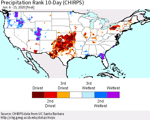 United States Precipitation Rank since 1981, 10-Day (CHIRPS) Thematic Map For 6/6/2020 - 6/15/2020
