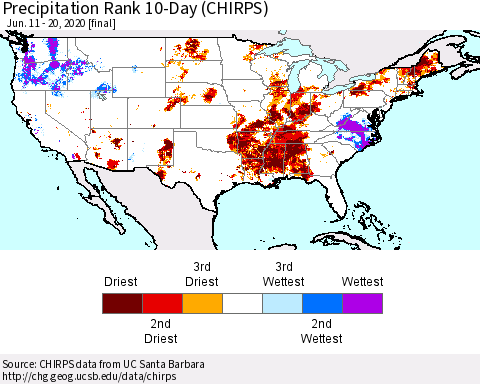 United States Precipitation Rank 10-Day (CHIRPS) Thematic Map For 6/11/2020 - 6/20/2020