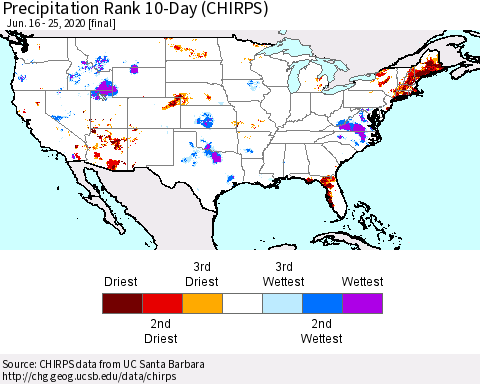 United States Precipitation Rank since 1981, 10-Day (CHIRPS) Thematic Map For 6/16/2020 - 6/25/2020