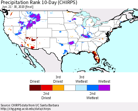 United States Precipitation Rank 10-Day (CHIRPS) Thematic Map For 6/21/2020 - 6/30/2020
