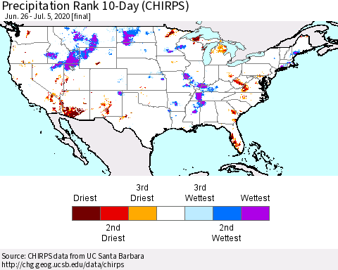 United States Precipitation Rank since 1981, 10-Day (CHIRPS) Thematic Map For 6/26/2020 - 7/5/2020