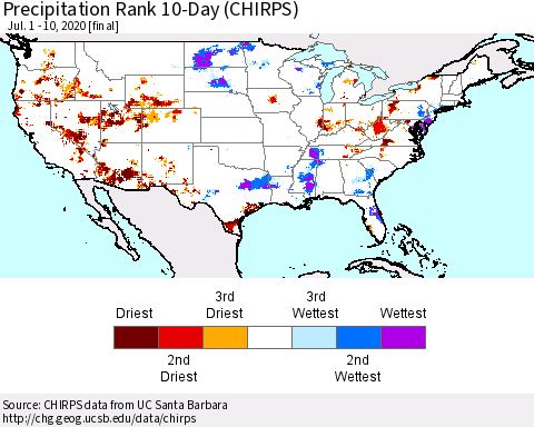 United States Precipitation Rank since 1981, 10-Day (CHIRPS) Thematic Map For 7/1/2020 - 7/10/2020