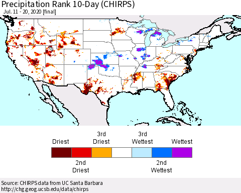 United States Precipitation Rank 10-Day (CHIRPS) Thematic Map For 7/11/2020 - 7/20/2020
