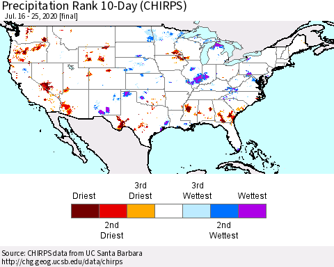 United States Precipitation Rank since 1981, 10-Day (CHIRPS) Thematic Map For 7/16/2020 - 7/25/2020