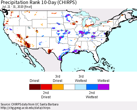 United States Precipitation Rank 10-Day (CHIRPS) Thematic Map For 7/21/2020 - 7/31/2020