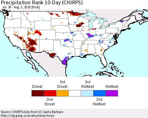 United States Precipitation Rank since 1981, 10-Day (CHIRPS) Thematic Map For 7/26/2020 - 8/5/2020