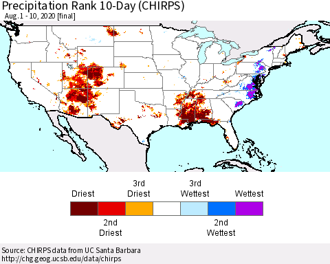 United States Precipitation Rank since 1981, 10-Day (CHIRPS) Thematic Map For 8/1/2020 - 8/10/2020